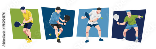 Set of male padel players. Isolated on white background. Flat graphic vector illustration.