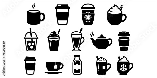 Coffee vector icons including mug, french press, coffee beans, and takeaway cups. Modern minimal design suitable for cafe menus, logos, and beverage promotions.