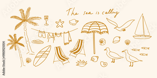 Summer beach vacation line art collection. Aesthetic doodle with tropical nautical elements. Set with surfboard, beach umbrella, deck chairs, palm trees and seashells icons. Vector illustration