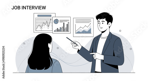 Job Interview: Man presenting charts to woman, business meeting, career growth concept