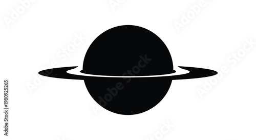 A stark black silhouette of saturn and its rings against a white background silhouette