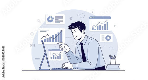 Man Analyzing Financial Charts on Computer Screen, Business Growth Concept