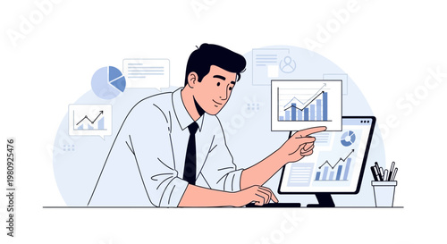 Man analyzing financial charts on computer, business growth concept