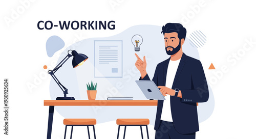 Man in Co-working Space with Tablet, Idea Bulb, and Desk
