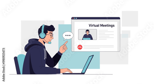 Man in Headphones on Virtual Meeting via Laptop, Online Communication Concept