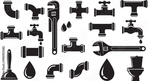 Plumbing tools and fixtures in black and white icons