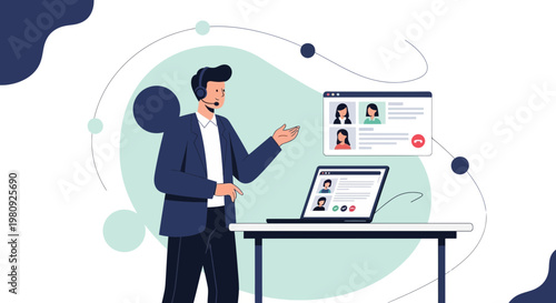 Man in headset on video call, online meeting, remote work, business communication