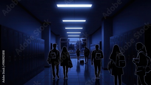 Mysterious school corridor at twilight with student silhouettes navigating the quiet academic