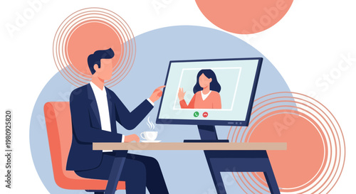 Man in video call with woman, remote work concept, online meeting, business communication