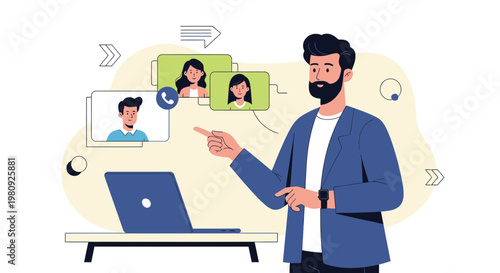 Man in video conference with remote team, business meeting, online communication