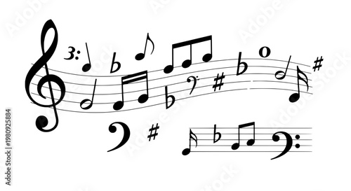 Musical notes with treble clef and various symbols on white background featuring sheet music, flat, sharp with natural and music notation elements