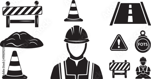 Construction Worker with Safety Symbols and Road Cones Illustration