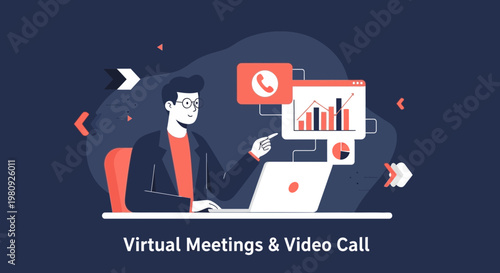 Man in Virtual Meeting, Online Conference, Business Video Call, Digital Communication