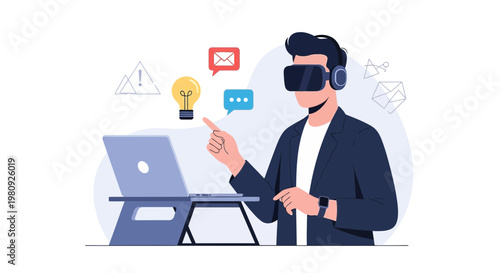 Man in VR headset interacting with digital interface and laptop, virtual reality concept