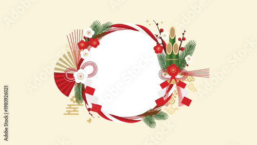 Round decorative frame with traditional Japanese New Year ornaments including pine branches, plum blossoms, and a red and white rope wreath.
