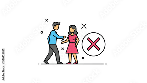 Simple line art icon depicting a man and a woman in a conflict situation with a large red cross mark indicating a forbidden or negative action.