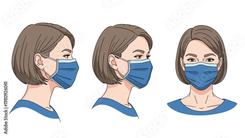 Portraits of a woman from different angles wearing a blue protective face mask to show proper fit and coverage for health safety and prevention.