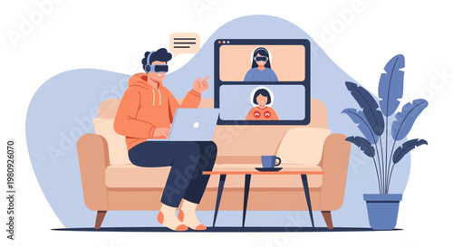 Man in VR headset on couch with laptop, virtual meeting with two women