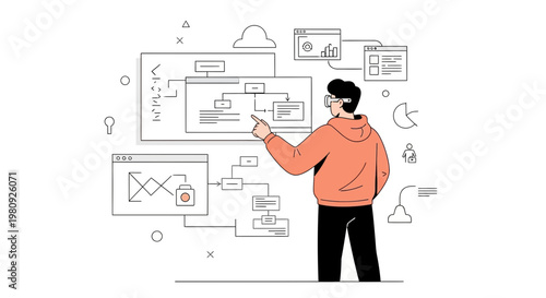 Man in VR headset interacting with digital interface, data visualization, flowchart, business concept