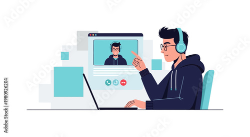 Man on Video Call with Headphones and Laptop, Online Communication Concept