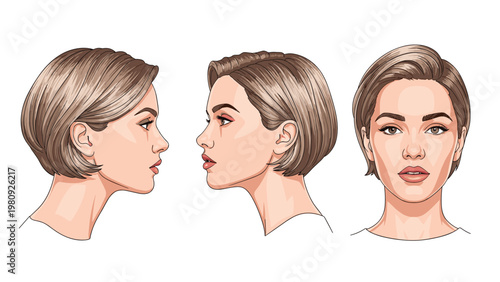 Three portrait views of a young woman with a short blonde haircut showing front, side, and three-quarter profile angles.