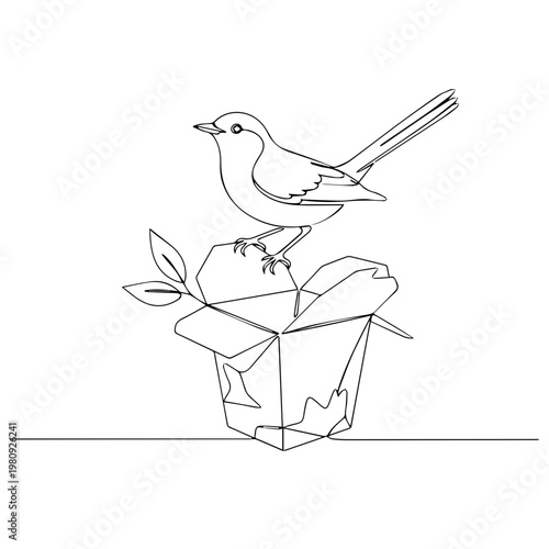 An artistic line drawing of a bird perched on top of takeout box 