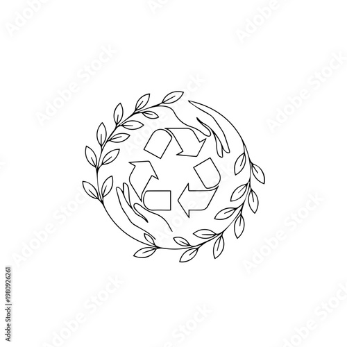 An illustration of recycling symbol with green leaves surrounded by hands, symbolizing care for the environment
