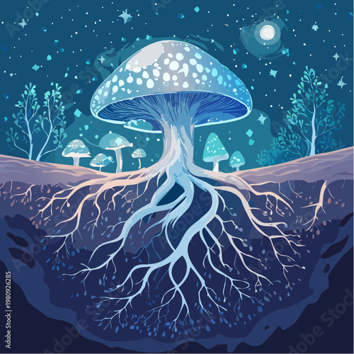 Moody Bioluminescent Mushroom and Plant Root Vector Illustration of Underground Mycelium Network
