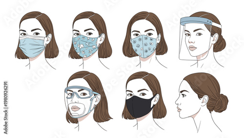 Collection of female avatars wearing different types of protective face masks and shields for public health and safety awareness.
