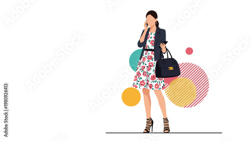 Stylish woman in a floral dress and black jacket talking on her mobile phone while holding a luxury handbag at work.