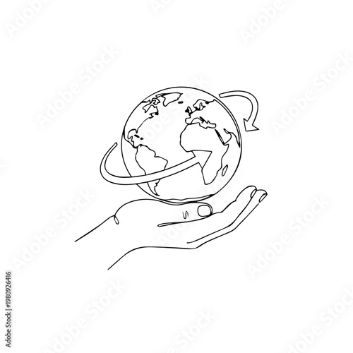 Hand holding planet earth with an arrow circling around it. The globe is delicately held and the design is minimal