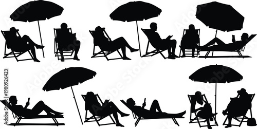 Beach silhouettes, lounge chairs, umbrella shade, relaxing people, leisure lifestyle, vacation concept, summer holiday, poolside relaxation, coastal scene