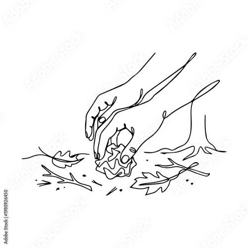 Simple line art depicting hands collecting fallen leaves, emphasizing environmental care and nature
