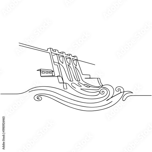 An abstract line art drawing of a dam on the water
