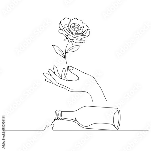 A delicate line drawing depicts a rose in a hand, with a bottle resting below. It represents themes of fragility and beauty