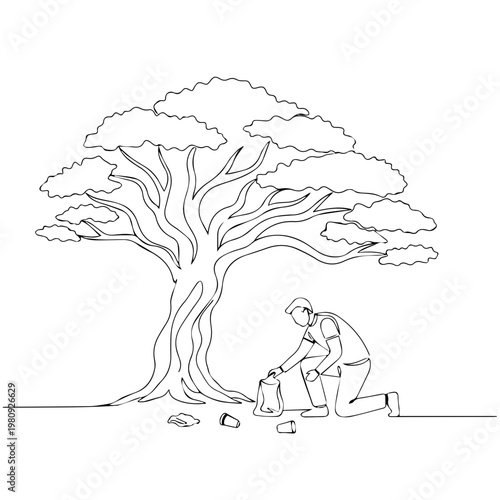 A person collecting trash under a tree, promoting environmental responsibility and care