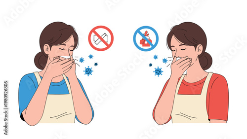 Illustration of two women wearing aprons and covering their mouths while coughing or sneezing to prevent the spread of germs and viruses.