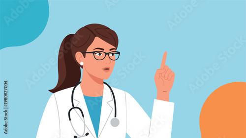Confident female doctor in a white lab coat with a stethoscope around her neck pointing her finger upwards while giving health advice.