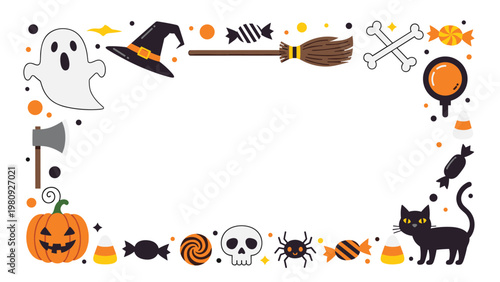 Festive Halloween border frame featuring various spooky icons like ghosts, pumpkins, black cats, witch hats, and candies on a white background.
