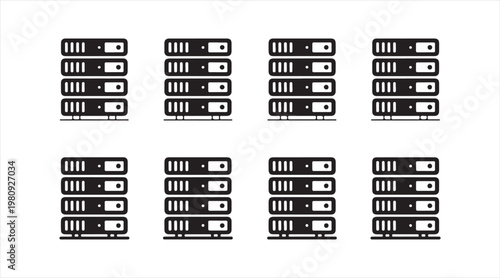 Black database and server stack symbols collection for cloud computing and network hardware