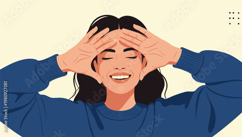 Cheerful young woman with eyes closed holding her hands to her head and smiling with pure joy against a light cream background.