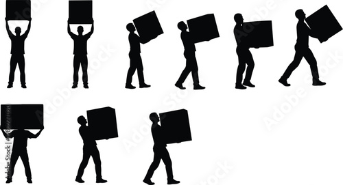 Box carrying silhouettes, manual labor figures, lifting posture illustration, ergonomics vector art, physical work concept design icon