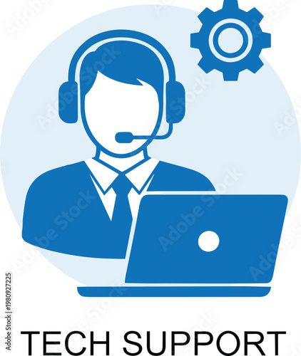 Tech support icon man with headset and laptop computer gear symbol represents assistance help customer service technology solutions.