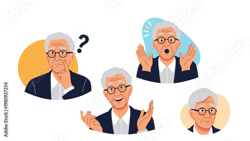 Various facial expressions of an elderly man with gray hair and glasses showing confusion, surprise, happiness, and a thoughtful mood.