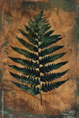 Vintage botanical fern leaf illustration on distressed paper