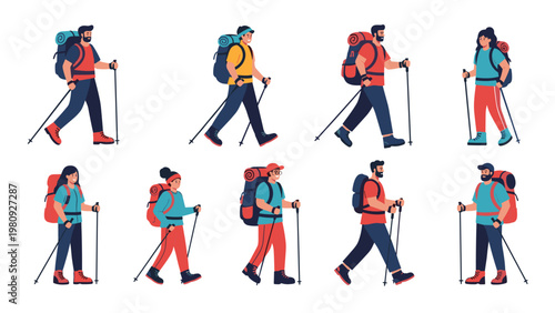 Multiple characters of men and women dressed in hiking gear with backpacks and poles walking in different poses against a white background.