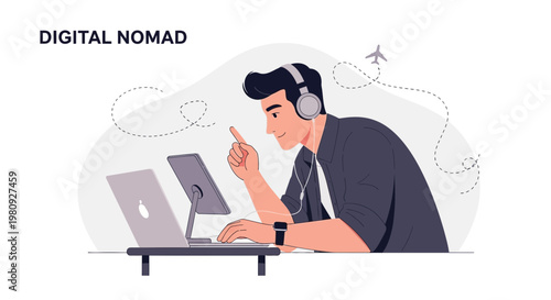 Digital Nomad working on laptop and tablet with headphones, concept of remote work and travel