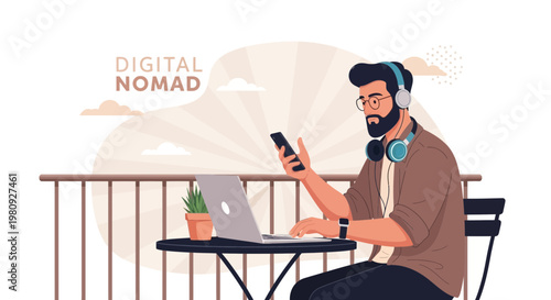 Digital Nomad Working Remotely on Laptop and Phone at Outdoor Cafe