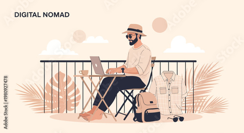 Digital Nomad Working Remotely on Laptop on Balcony with Tropical Plants