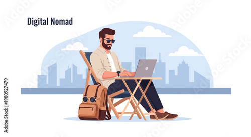 Digital Nomad Working Remotely on Laptop Outdoors with Cityscape Background